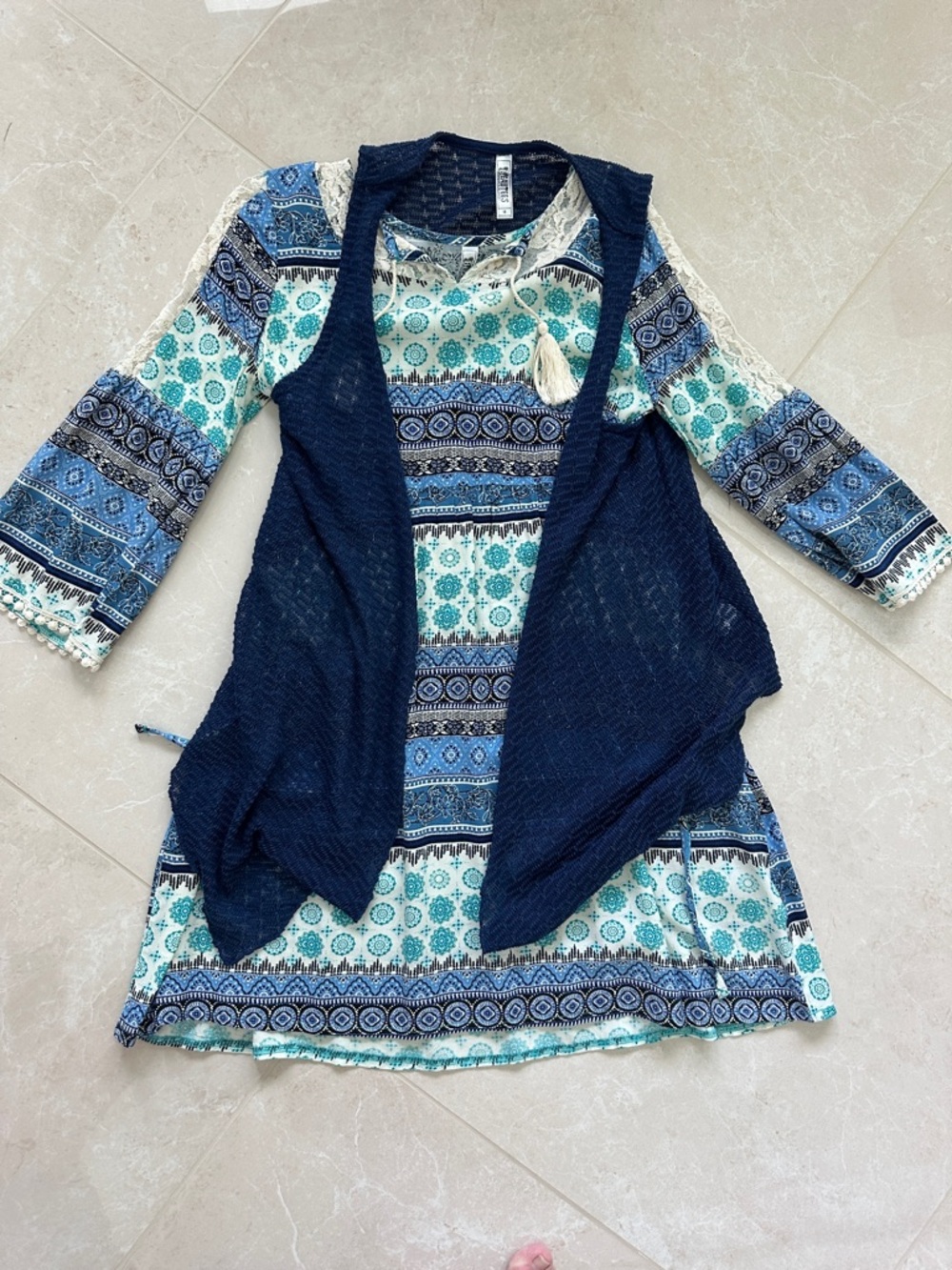 Beautees Navy and Turquoise Patterned Girls' Casual Dress Set